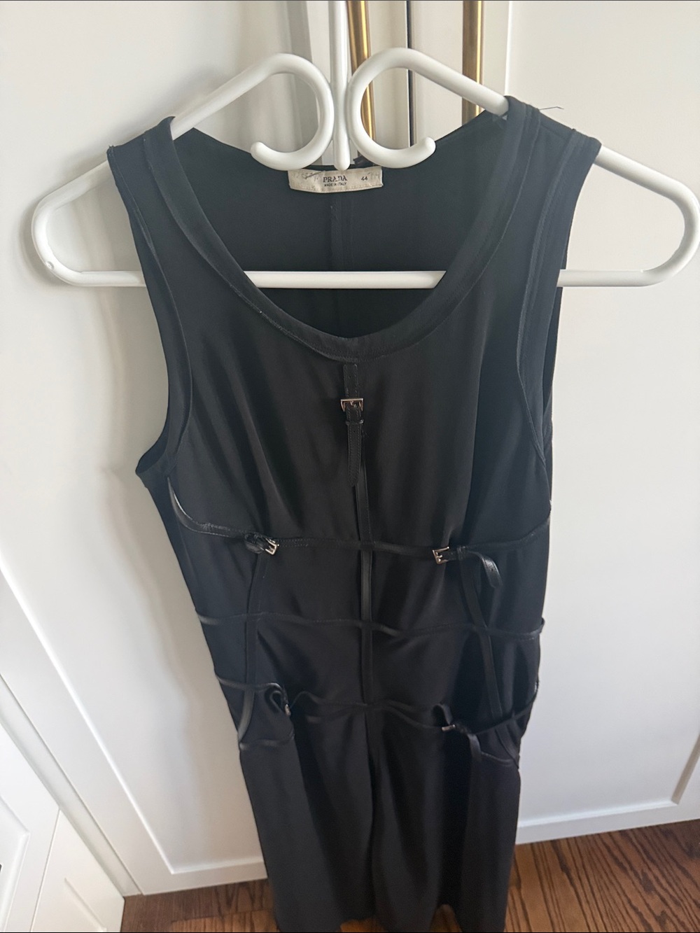 Prada Black Sleeveless Midi Dress with Buckle Prada Strap Accents